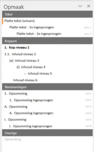 Opmaak paneel met stijlen