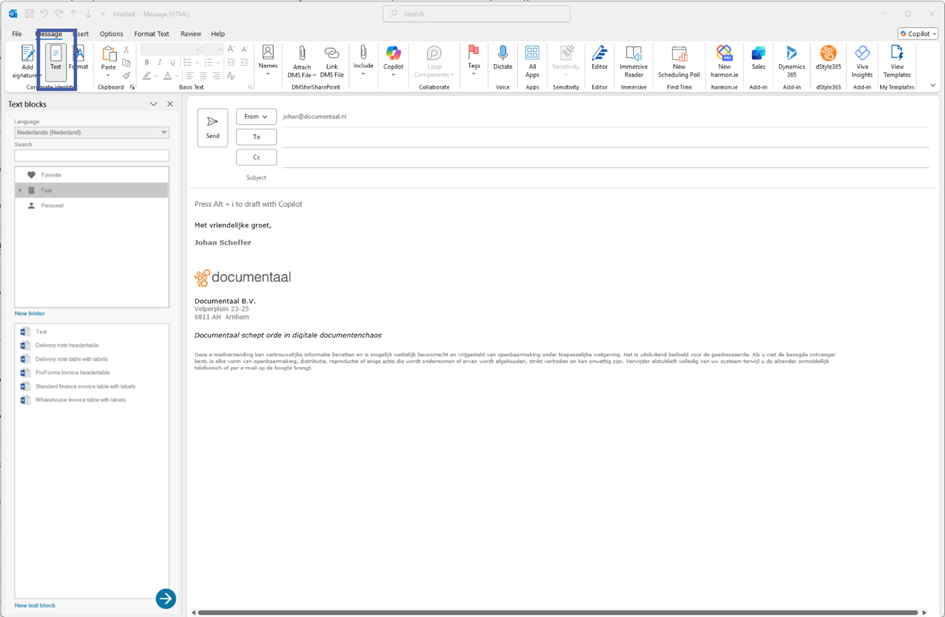 Tekst paneel geopend in Outlook