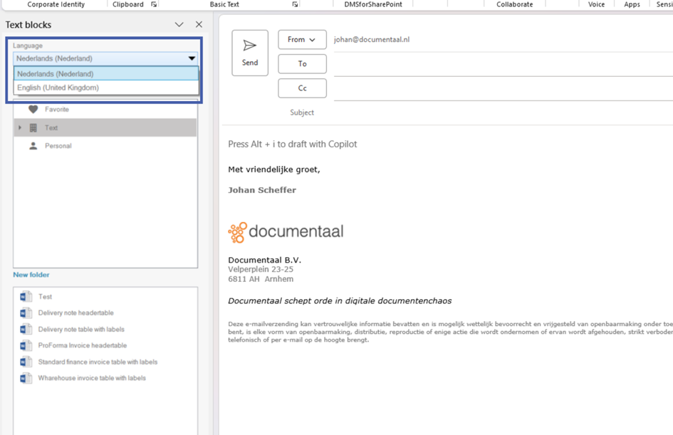 Taal selectie dropdown menu