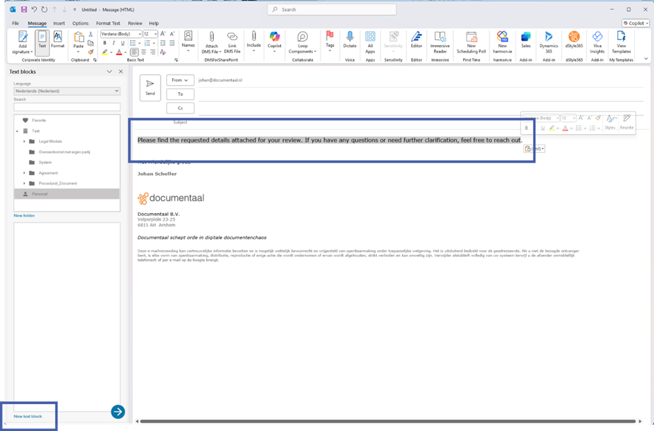 Tekst aanmaken en New text block knop