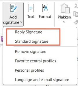 Reply and Standard Signature menu options in Outlook