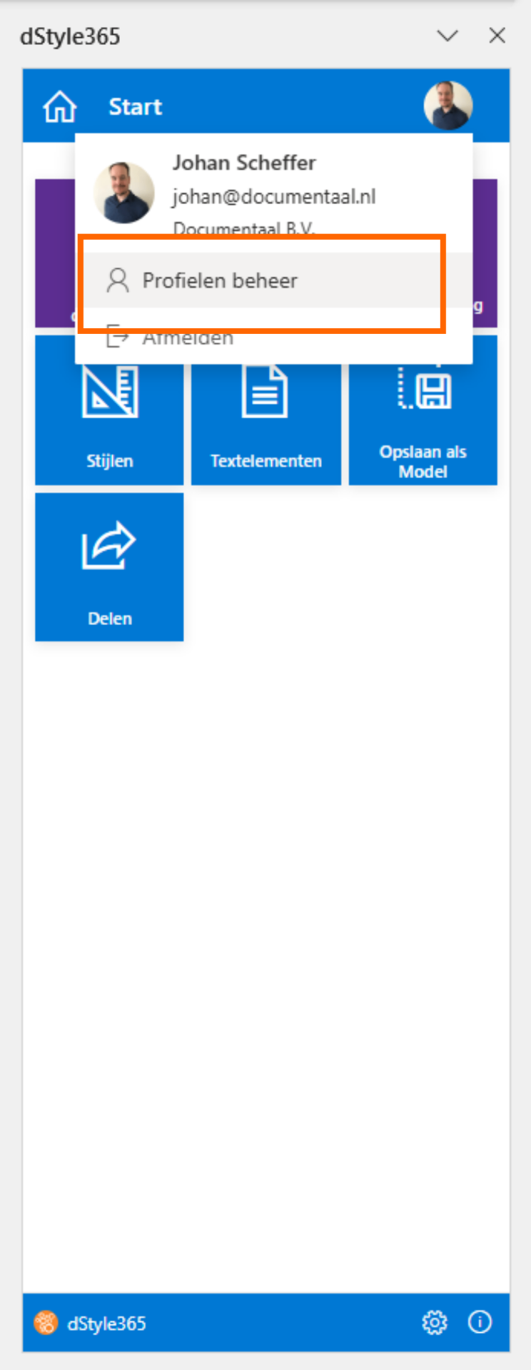 Profielen beheer openen via profielfoto in dStyle365