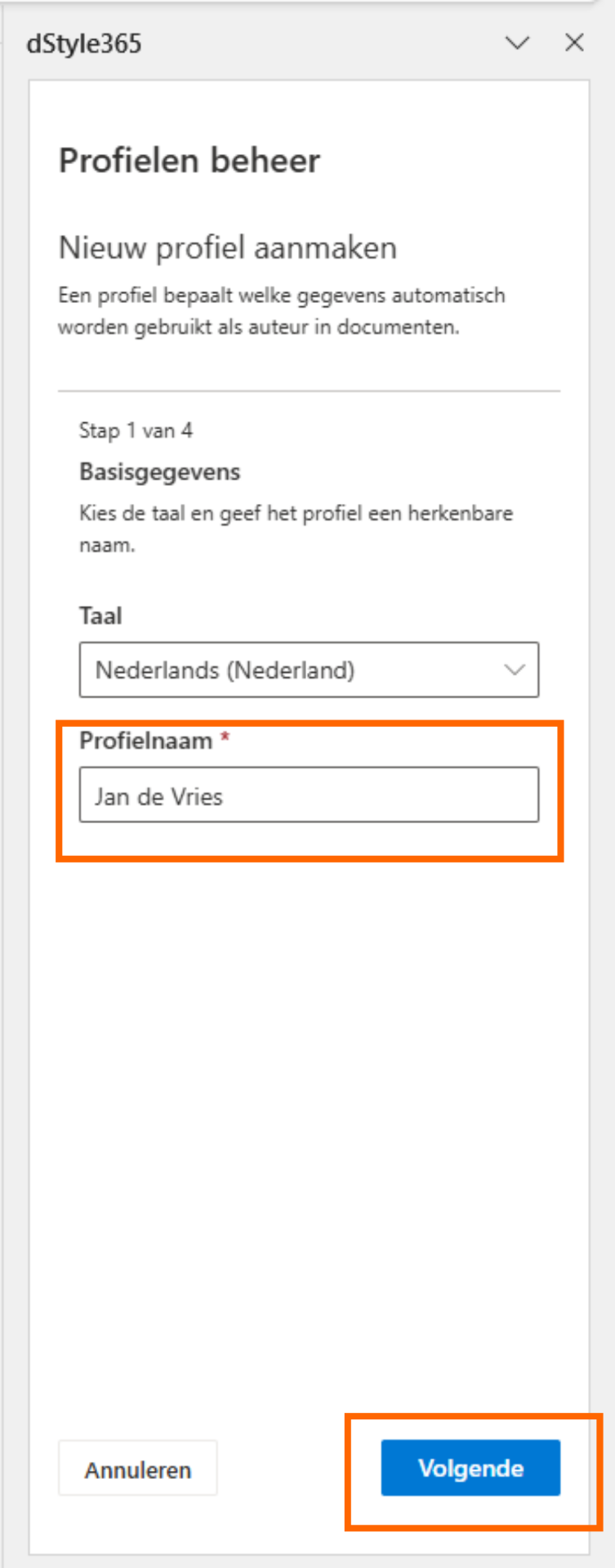 Basisgegevens invullen: taal en profielnaam