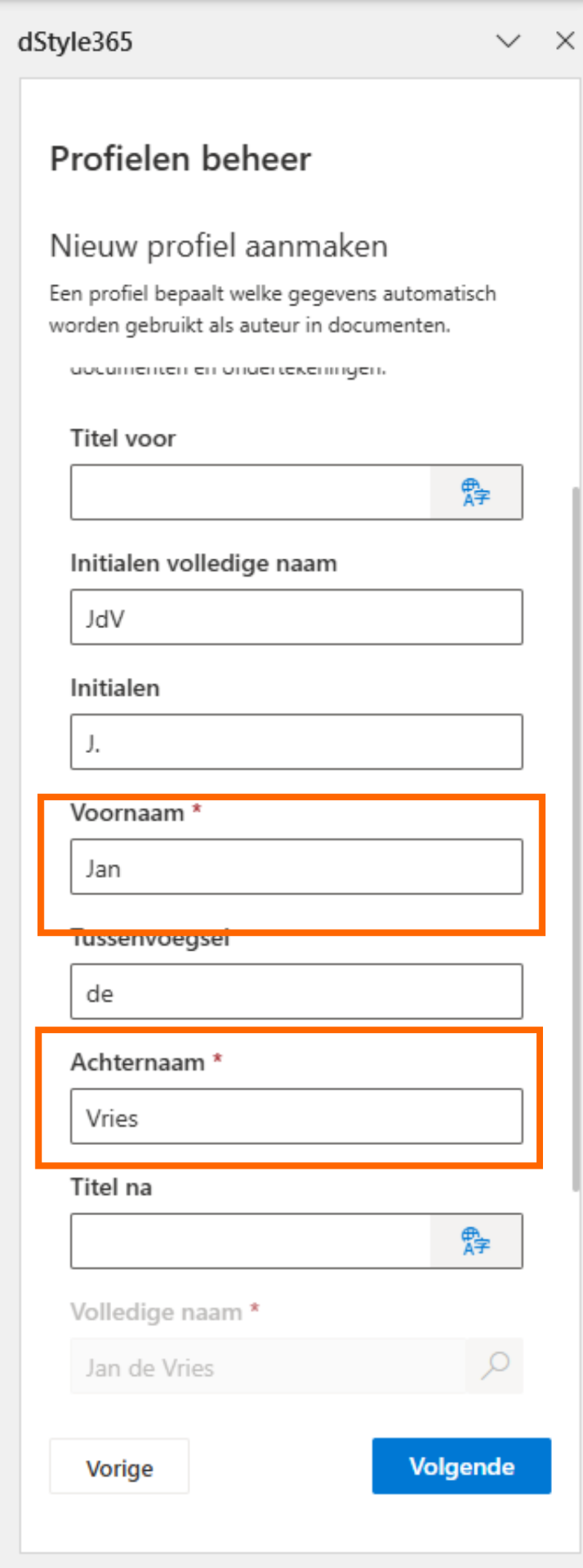 Persoonlijke gegevens invullen met naam en initialen