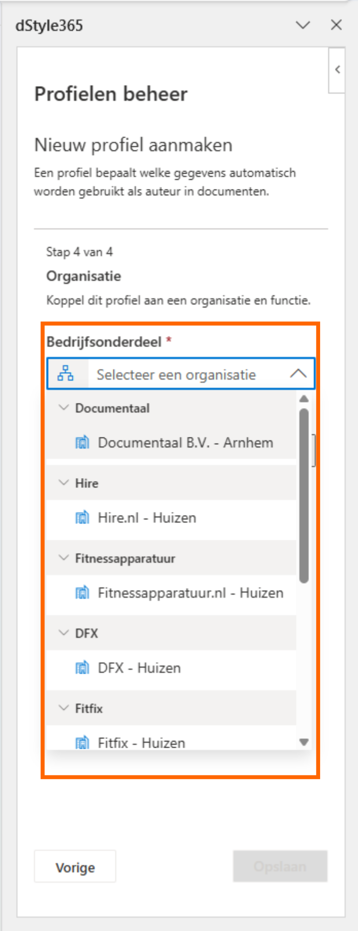 Bedrijfsonderdeel selecteren in organisatieboom